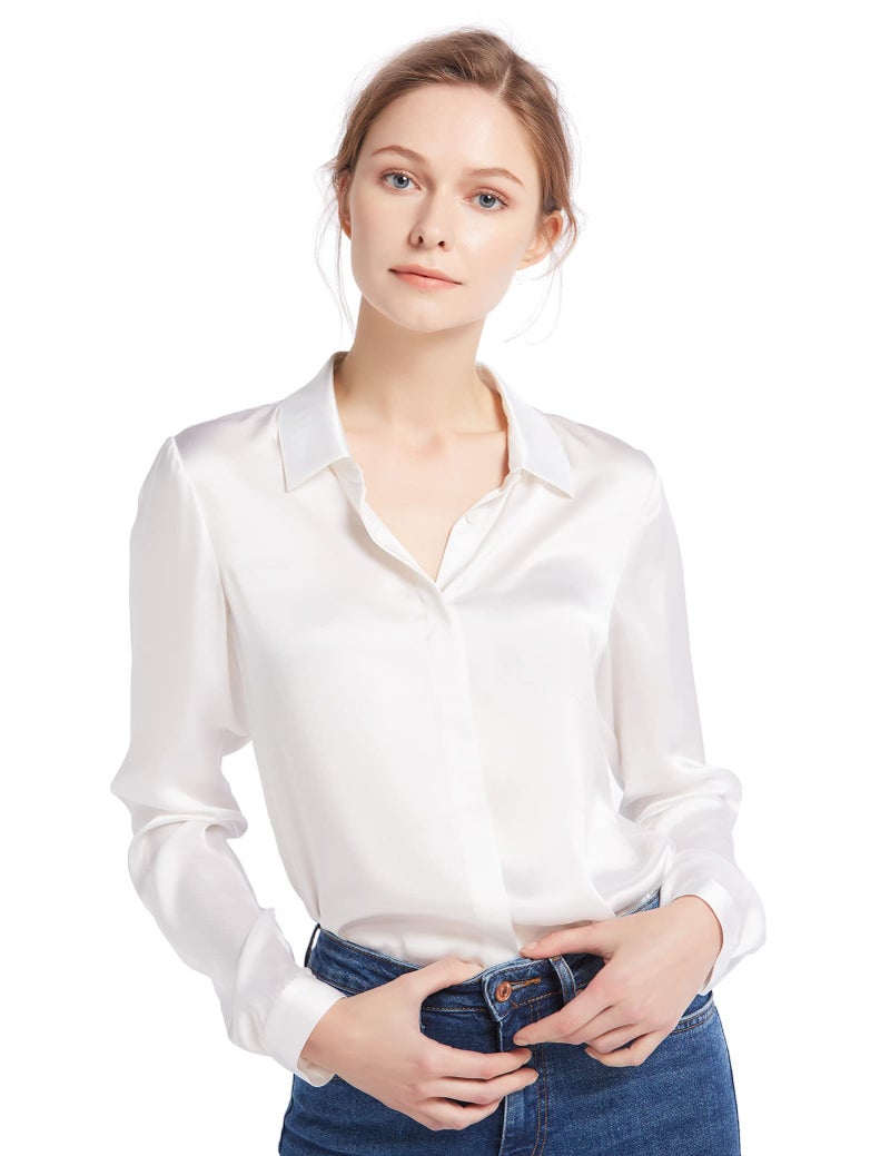 LilySilk بلوزة حرير نسائية من ليلي سيلك 100% حرير 22MM قميص بأزرار بأكمام طويلة تصميم كلاسيكي خالد لجميع المواسم للأعمال غير الرسمية، أبيض طبيعي M - Image 1